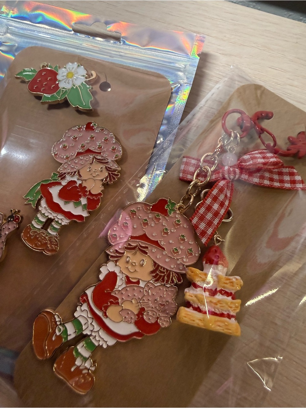 Strawberry Shortcake Keychain Plaid Bowknot Bag Charm & 3 Enamel Pins Set